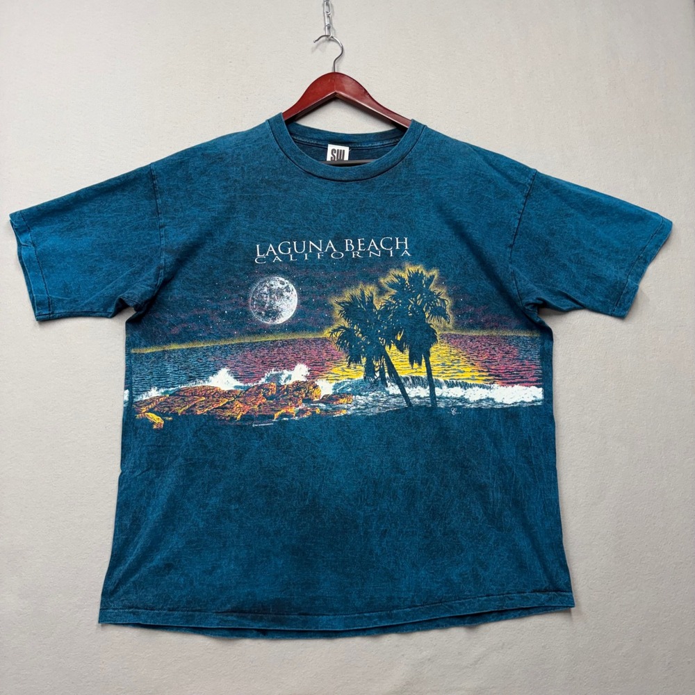Screenworks Laguna Beach T Shirt Mens XL Blue Vintage 90s Wraparound Acid Wash
